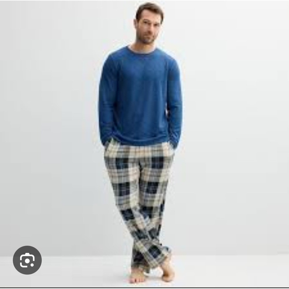 Sonoma Mens Blue Ribbed Long Sleeve Top and Plaid Pajama Pants‎ Set NEW